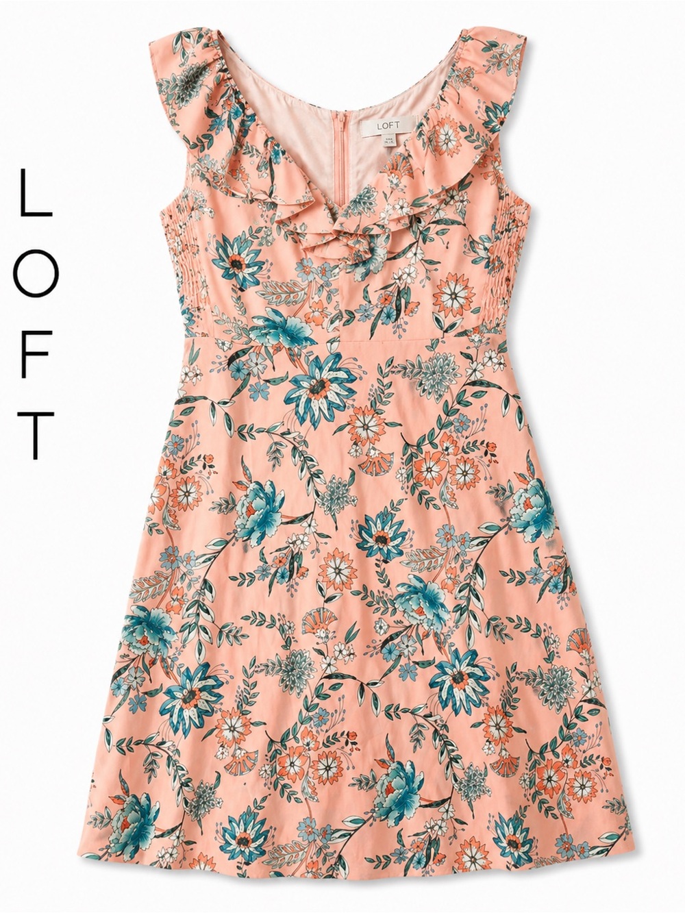 LOFT Floral Dress Size Large Pink Ruffle Smocked Sleeves Fit & Flare Spring